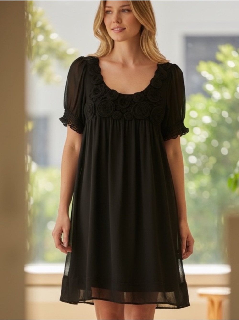ECI Black Scoop Neck Dress with Rosette Detail